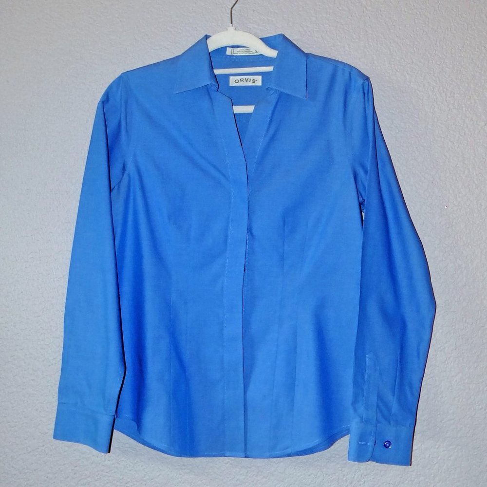 ORVIS Blue Chambray Button Down Long Sleeve Wrinkle Free Shirt Size 6 Womans